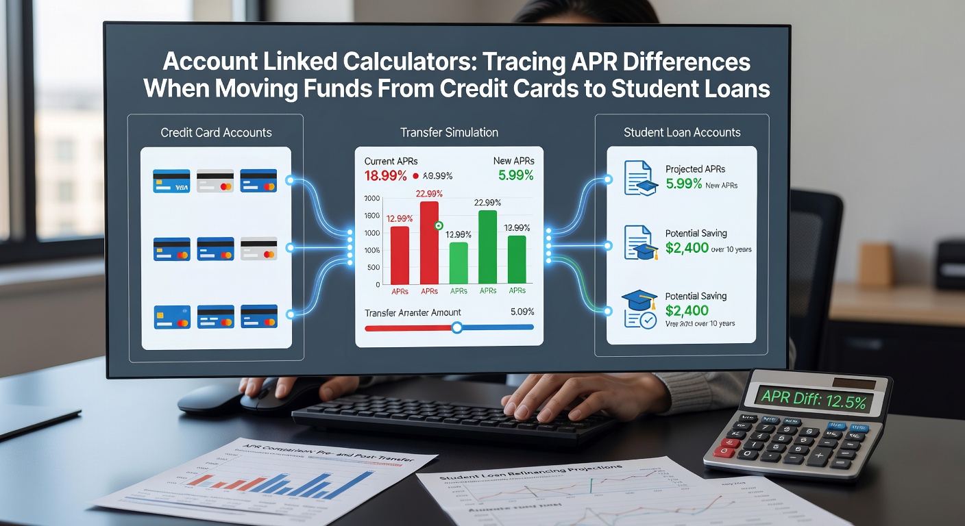 Split-screen view of calculator results illustrating APR reductions after moving funds from credit cards into student and auto loan structures