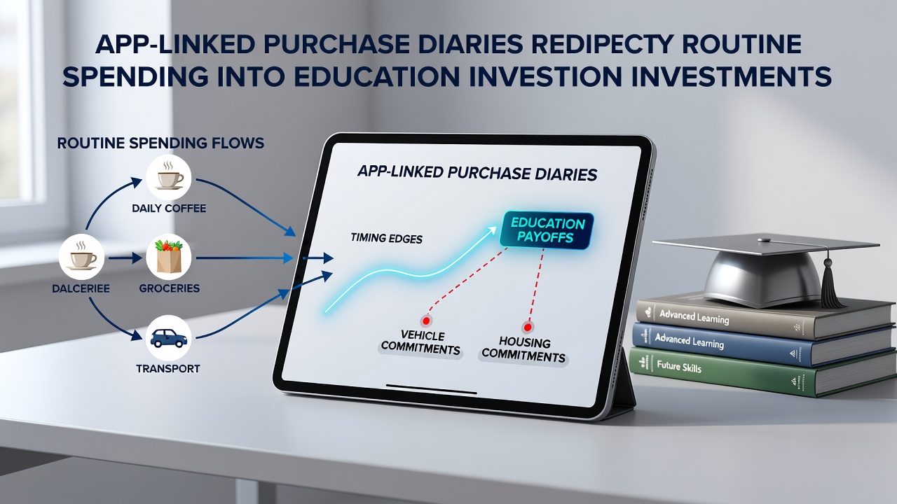 Mobile banking app screen displaying categorized purchase diary entries with highlighted spending patterns and suggested redirects to education debt