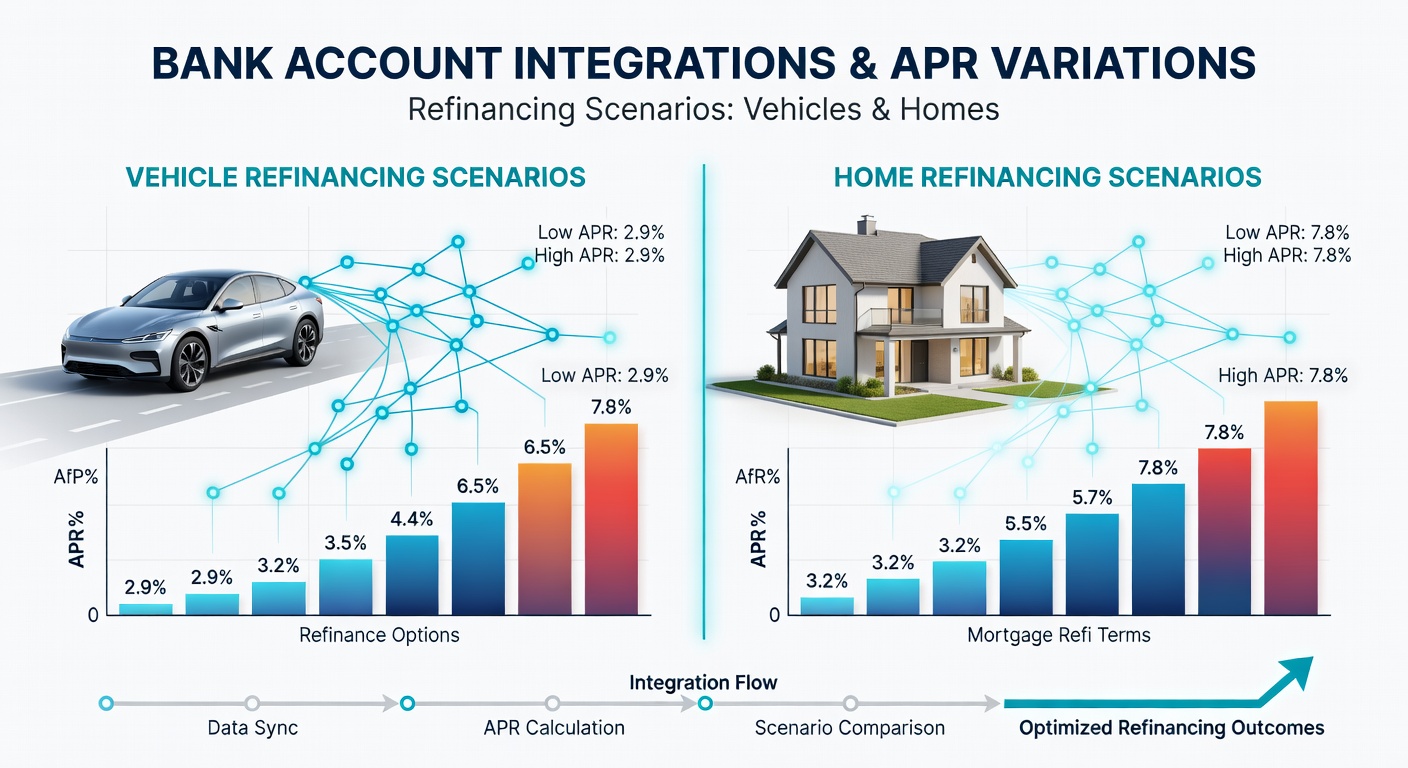 Integrated bank account interface displaying APR comparisons for vehicle and home refinancing options