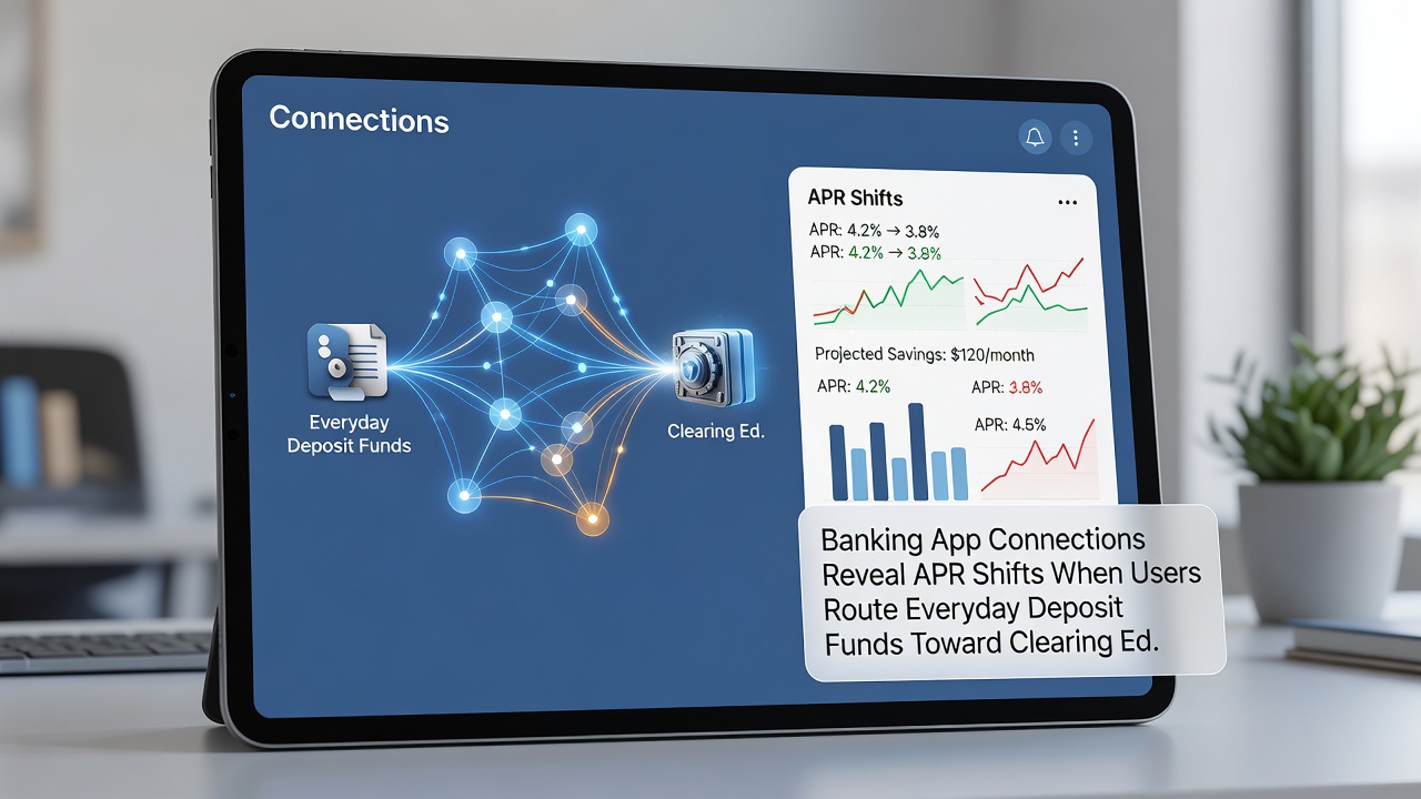 Mobile banking dashboard showing transaction flows from deposits to education loans with projected APR impacts on upcoming vehicle financing