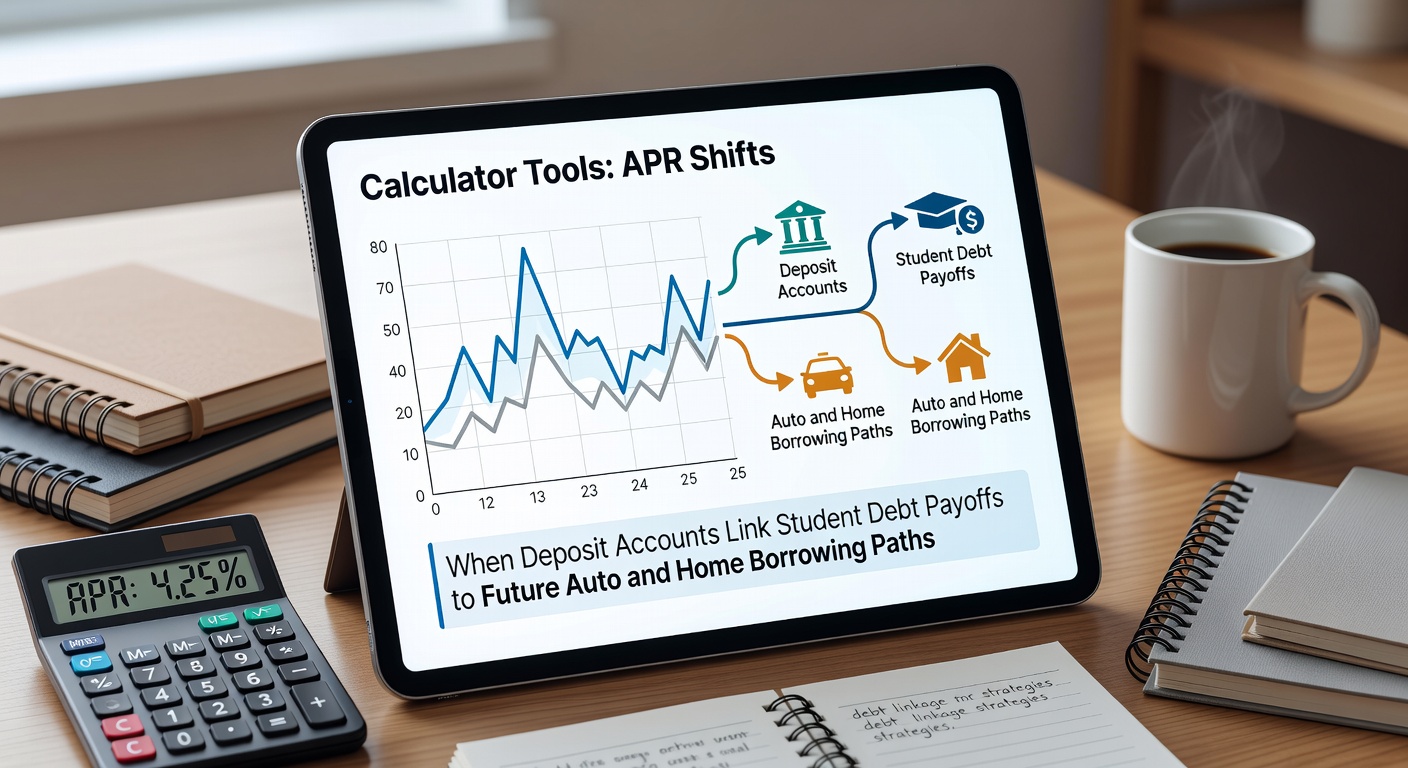 Calculator interface displaying APR projections linked to deposit account activity and student debt payoff timelines