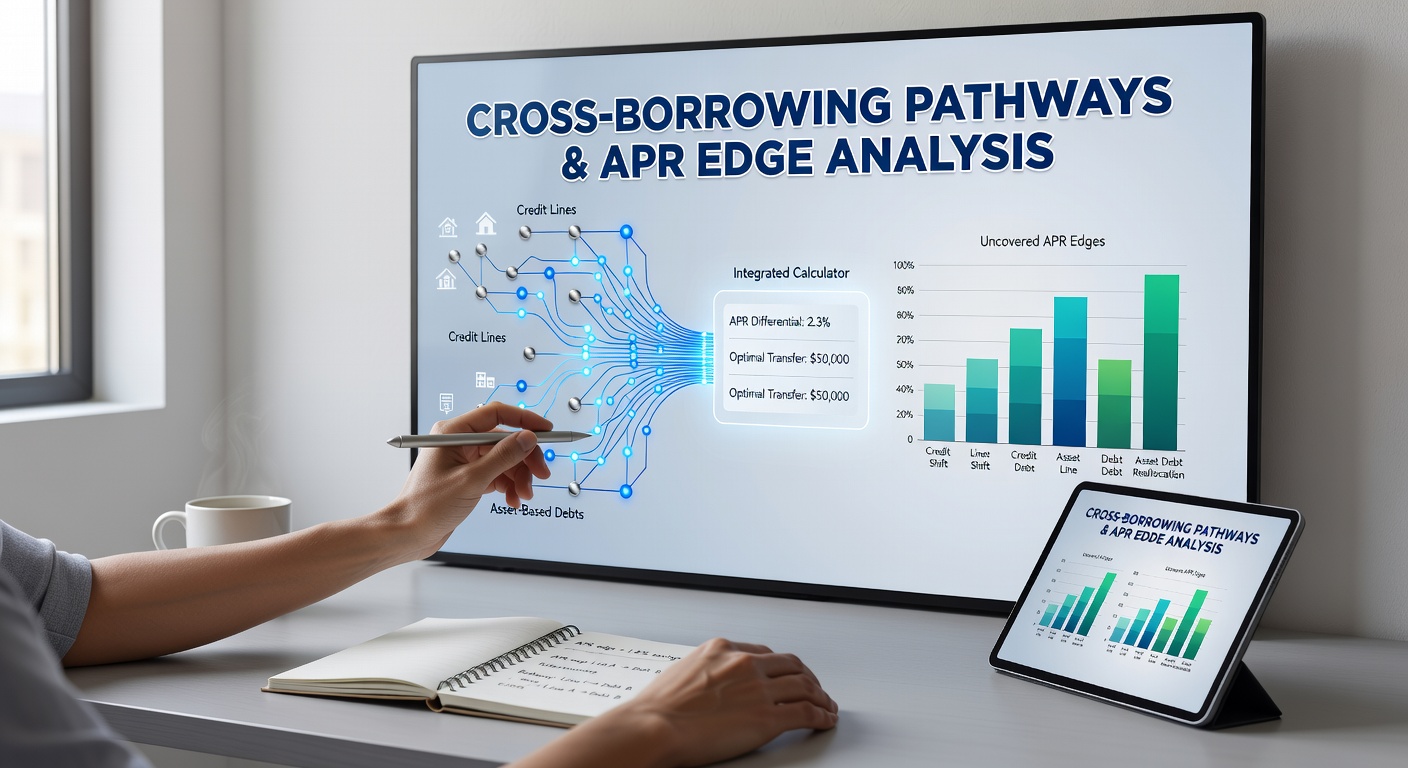 Illustration of integrated financial calculators comparing APR across credit lines and secured asset debts on a digital dashboard