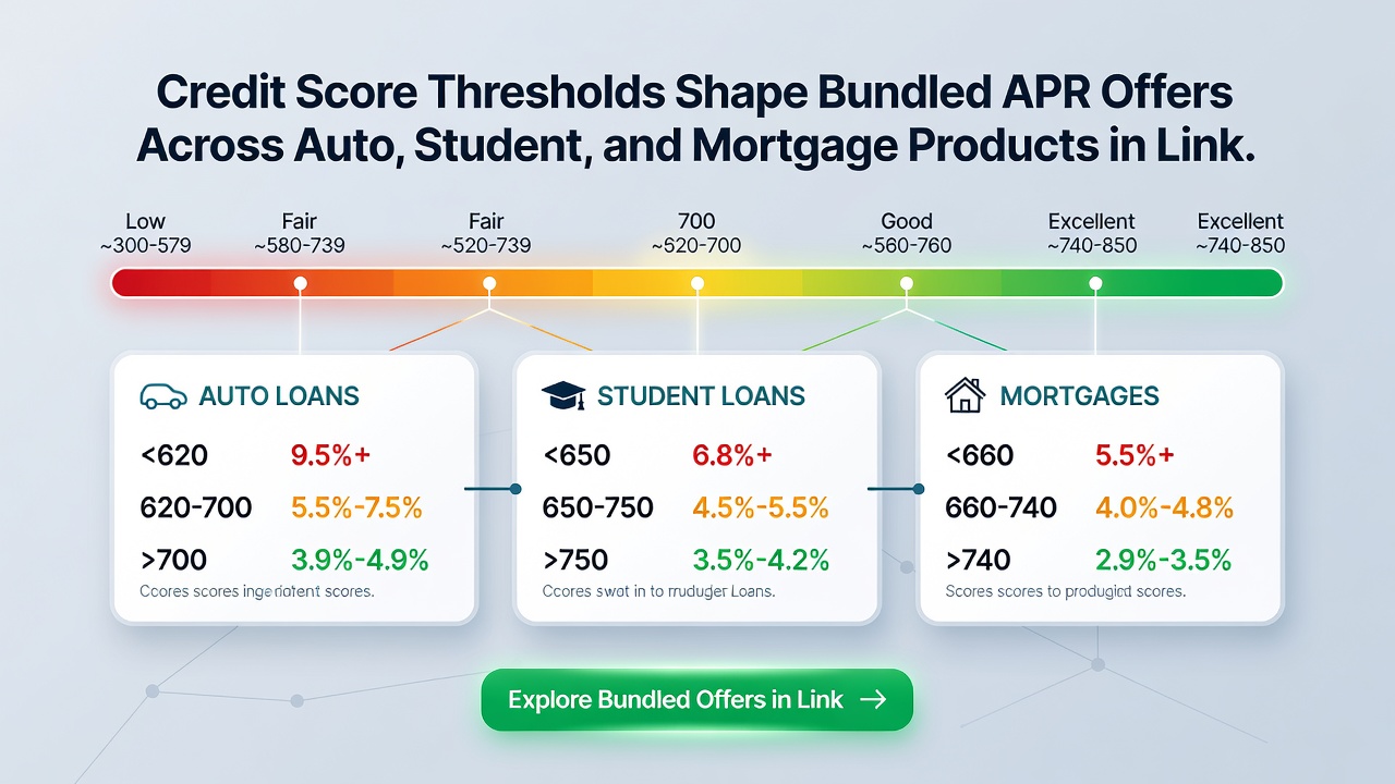 Dashboard view showing APR comparisons across auto, student, and mortgage products based on credit score bands