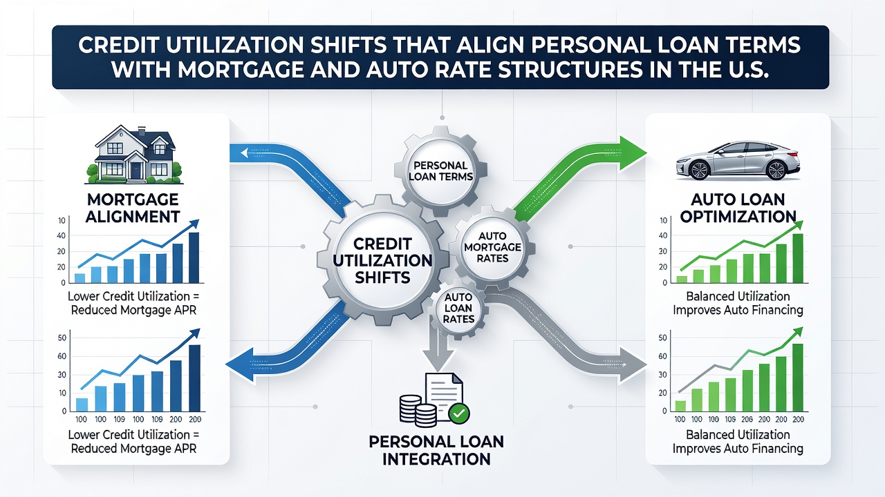 Mobile app interface illustrating credit utilization trends and corresponding adjustments to personal loan rates versus mortgage and auto financing options