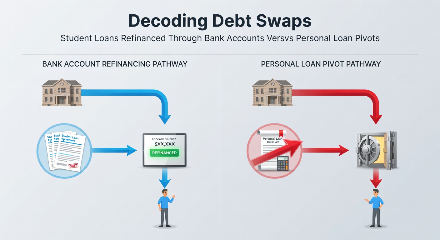 Visual comparison of student loan refinancing paths through bank accounts and personal loan strategies, showing flowcharts of funds and repayment timelines