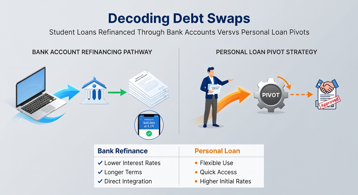 Infographic detailing interest rate comparisons and repayment scenarios for bank refinancing versus personal loans, with charts showing savings over five years