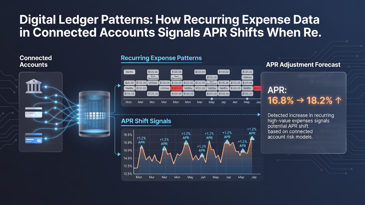 Connected banking dashboard showing expense clusters and APR comparison metrics across financing options