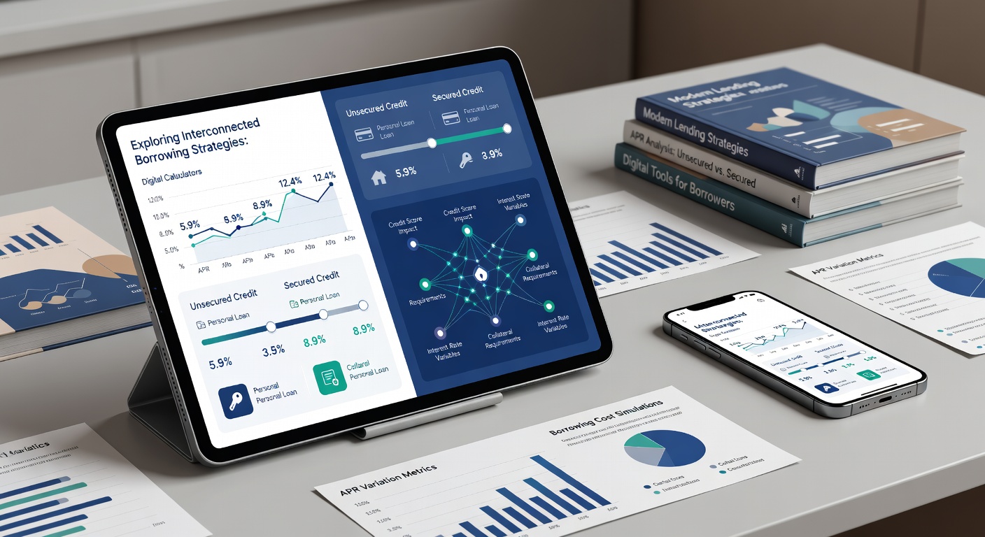 Digital calculator dashboard displaying APR comparisons between secured loans like mortgages and unsecured options such as personal loans and credit cards