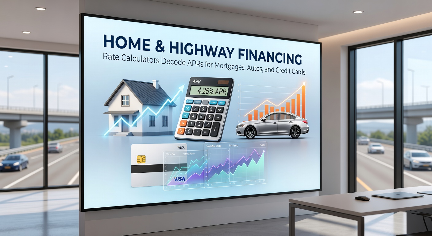 Digital calculator interface displaying APR breakdowns for a mortgage, auto loan, and credit card side by side, with graphs showing total costs over time