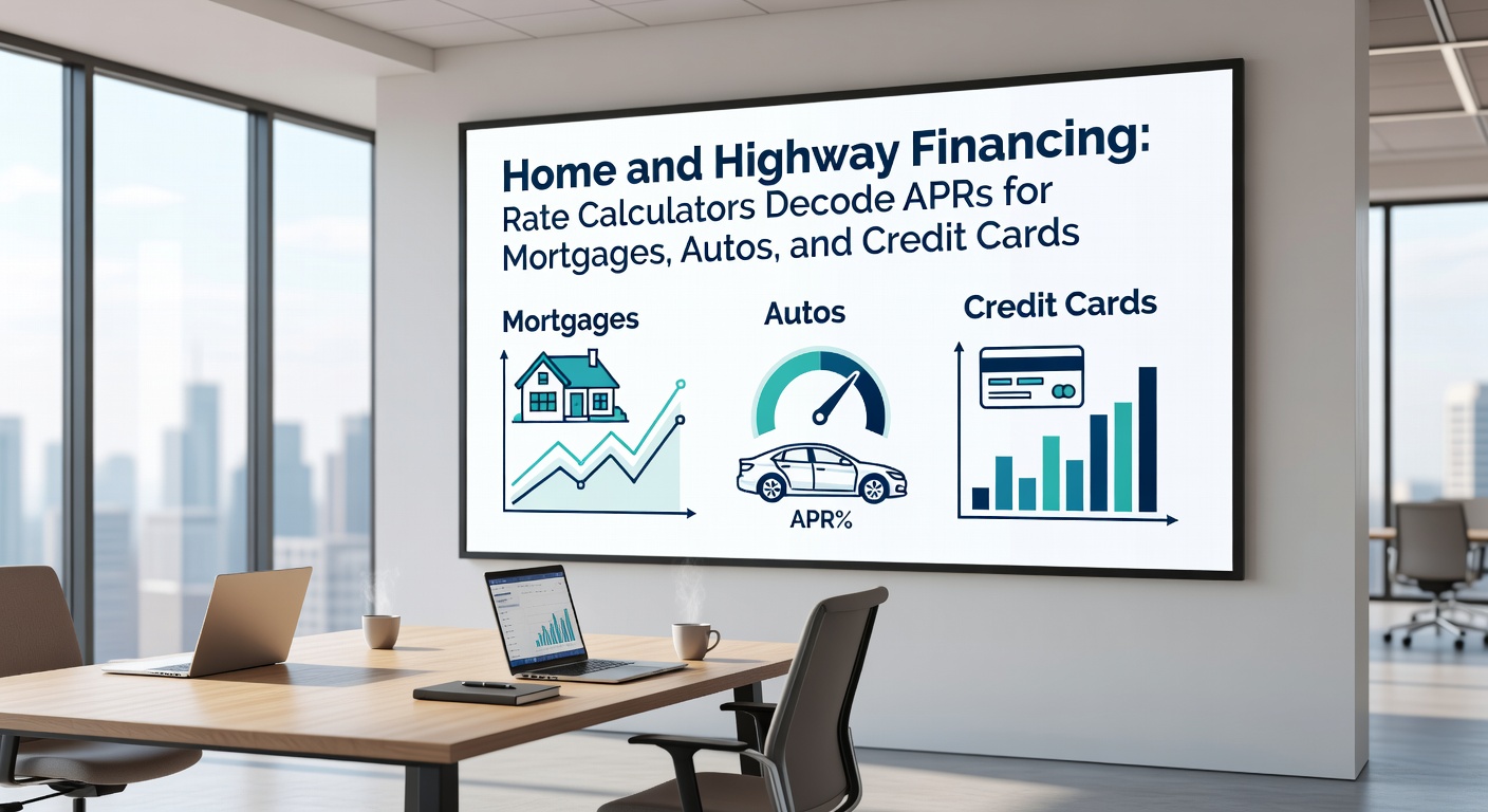 Close-up of a smartphone screen running an auto loan APR calculator, overlaid with icons for mortgages and credit cards, illustrating comparative financing options