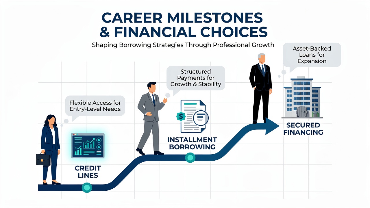 Infographic illustrating how promotions, job changes, and retirement planning correlate with borrowing product selections