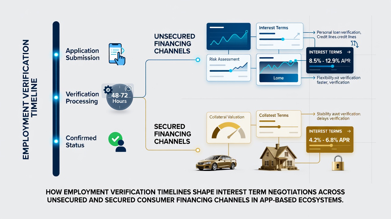 Digital interface showing employment verification steps integrated into consumer financing apps