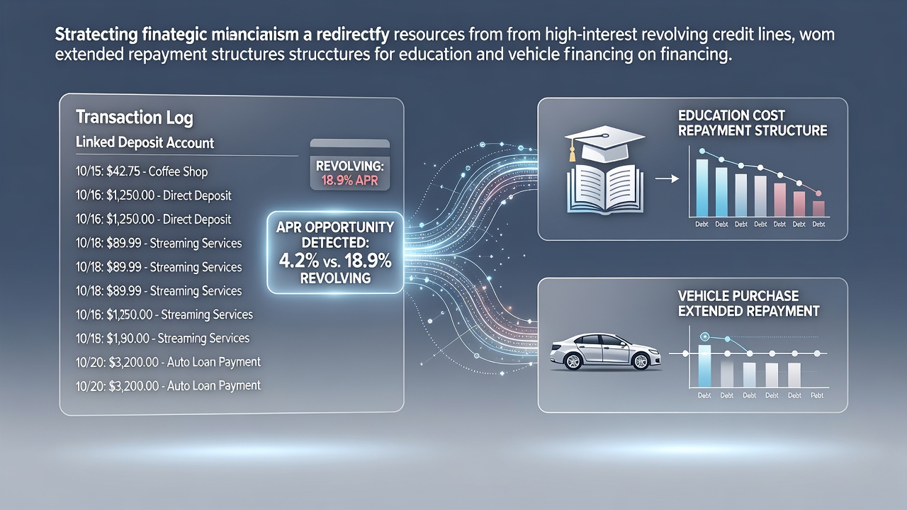 Illustration of transaction logs in linked bank accounts highlighting APR comparisons for education and vehicle financing options