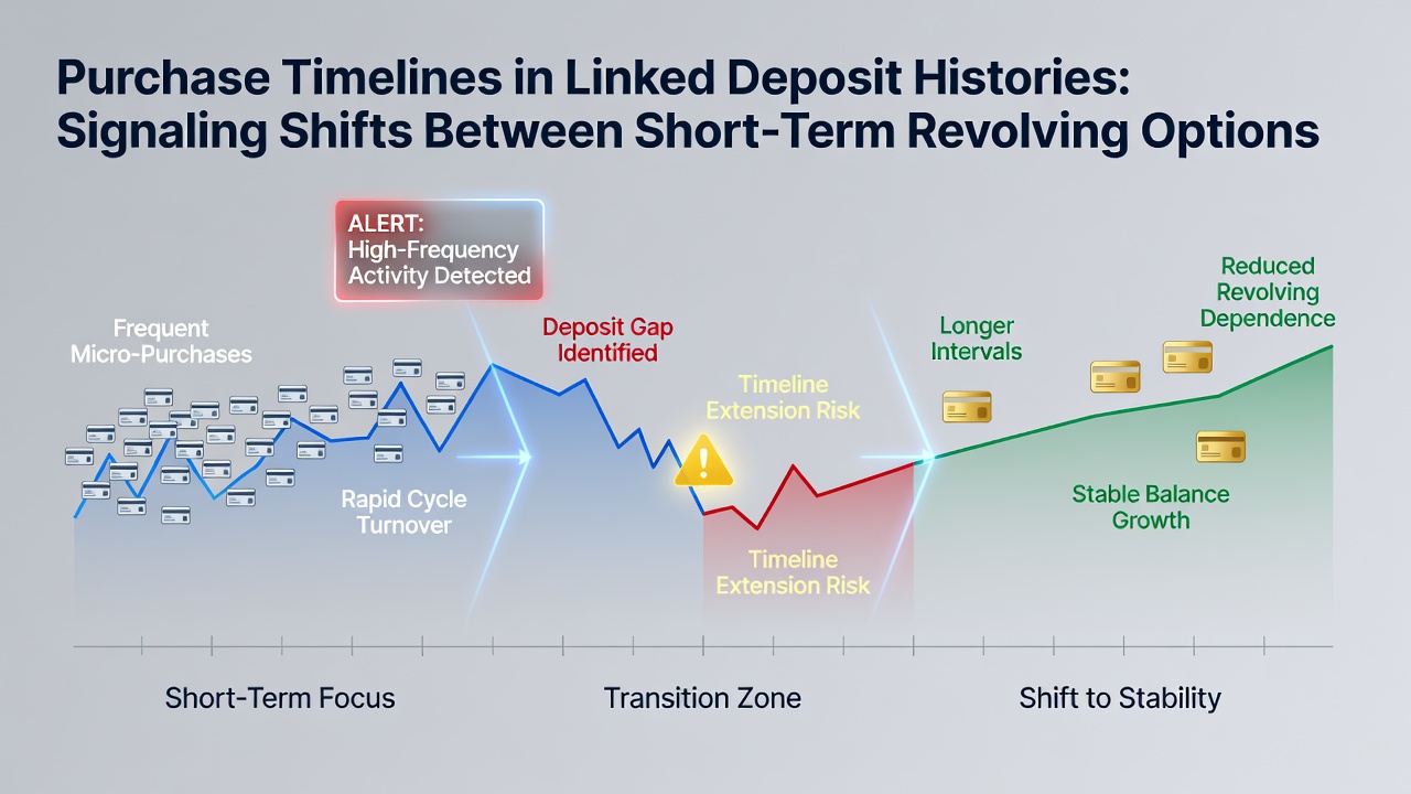 Timeline visualization of deposit account activity showing transition points between credit card usage and asset-backed loan applications