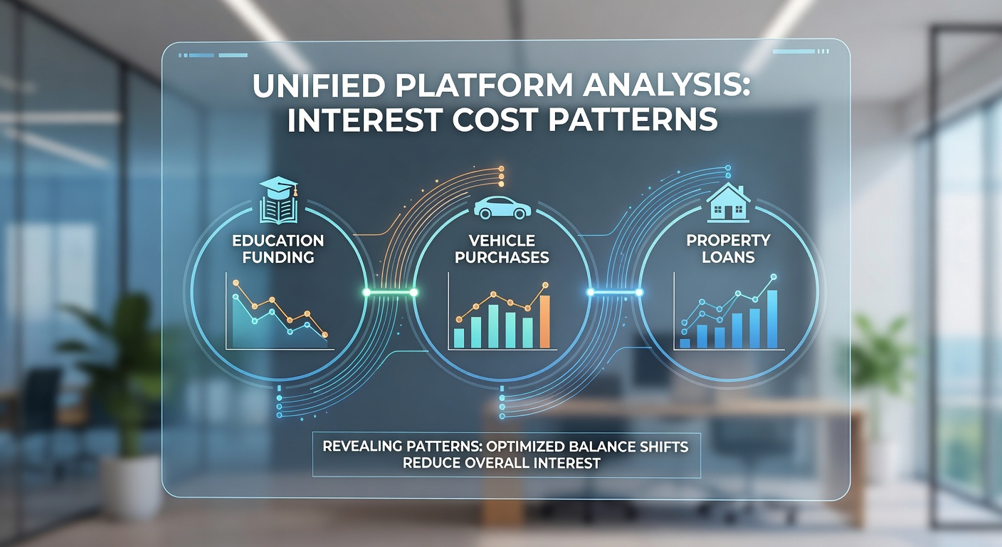 Unified financial platform interface displaying integrated loan balances for education, vehicle, and property financing