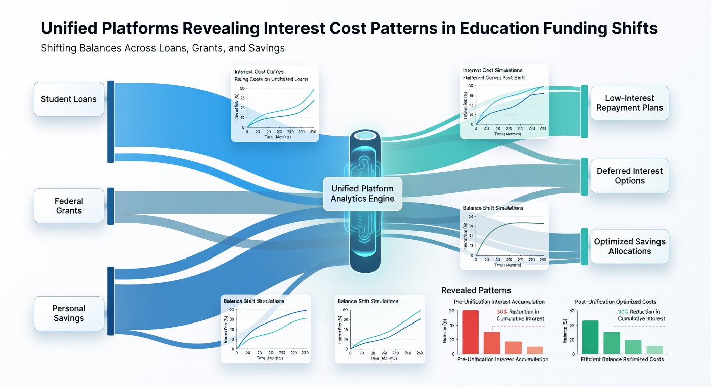 Dashboard visualization comparing interest accrual across student, auto, and mortgage loan categories after balance adjustments
