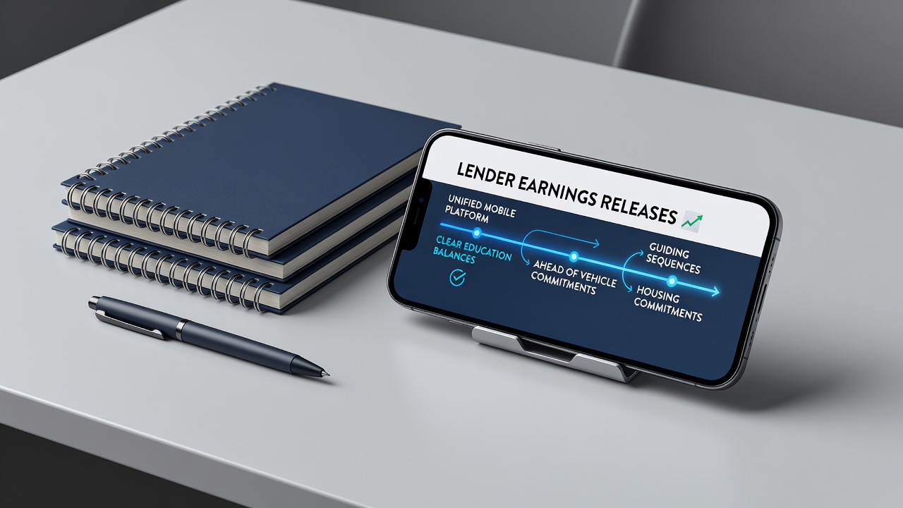 Unified mobile banking dashboard displaying earnings release data alongside education loan balances and upcoming vehicle financing options