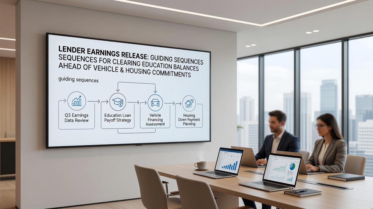 Mobile app interface showing sequenced payoff timeline from education debt to vehicle loan and housing financing after recent lender earnings data