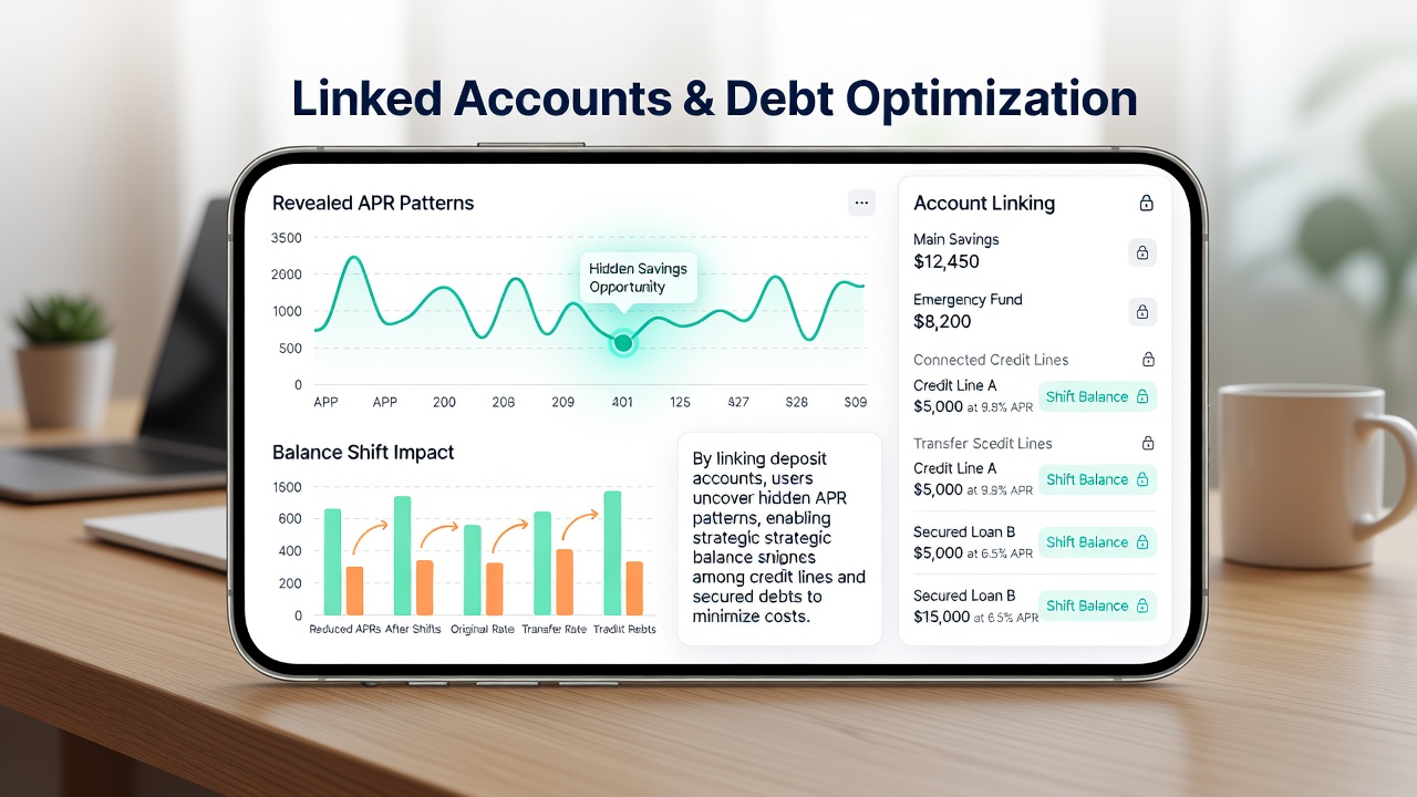 Mobile banking dashboard showing APR comparisons across credit lines and secured debts with linked deposit accounts