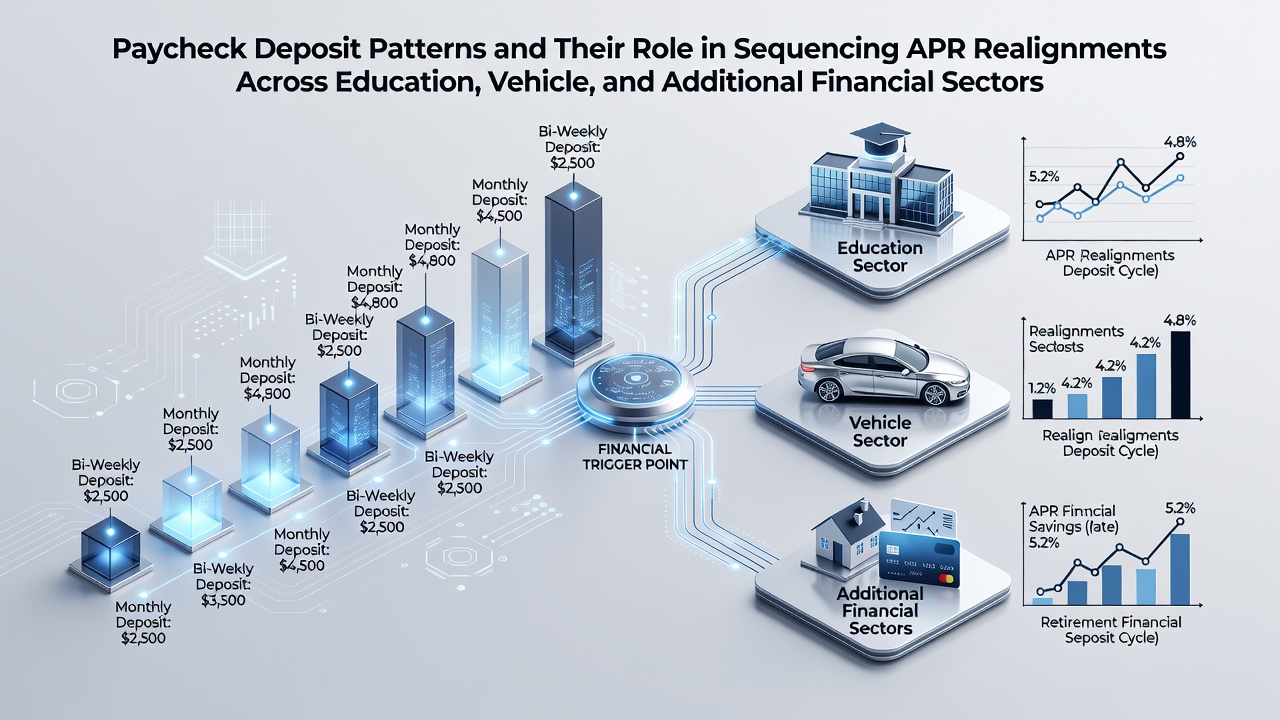 Aggregated banking interface displaying sequenced APR changes for multiple loan categories based on deposit history