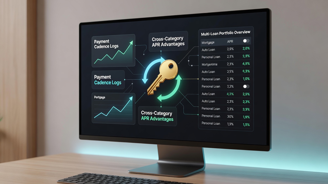 Close-up of transaction logs and APR comparison charts in a multi-loan platform interface