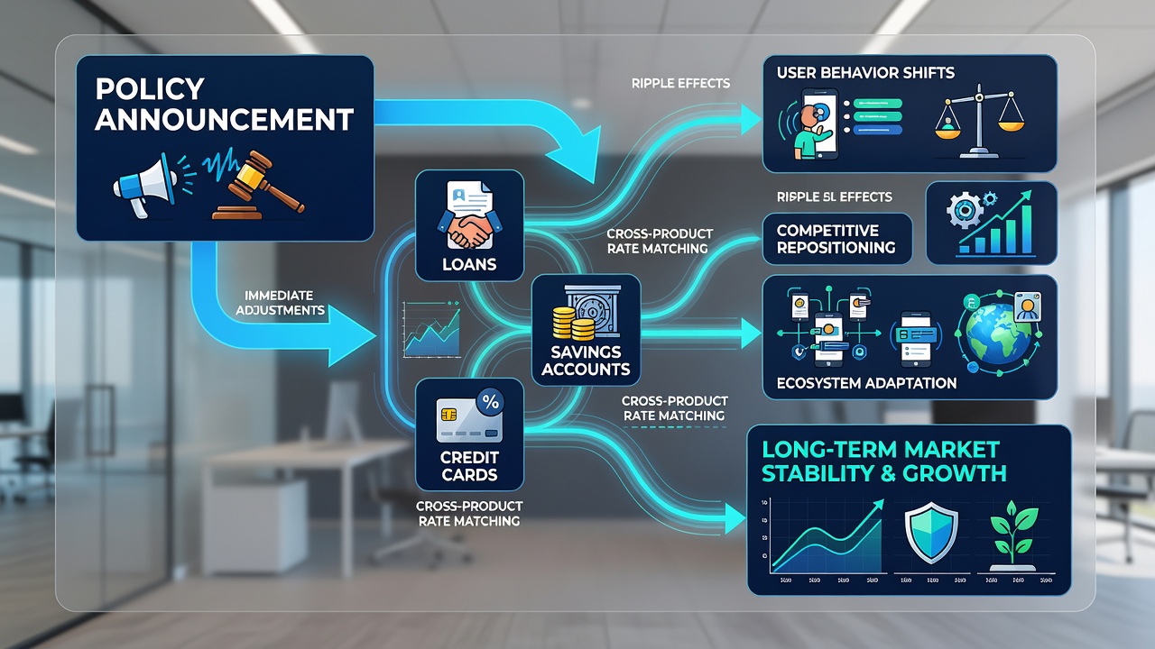 Dashboard view inside a mobile banking app illustrating synchronized rate changes across multiple borrowing and saving products