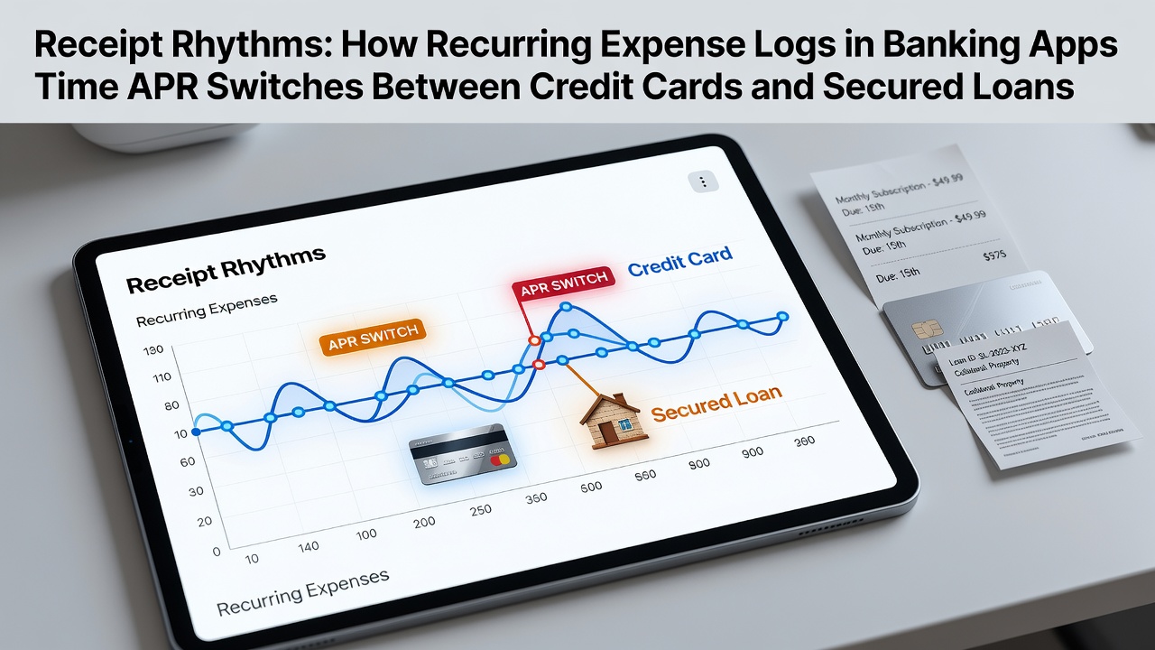 Banking app dashboard displaying recurring expense logs alongside APR comparison tools for credit cards and secured loans