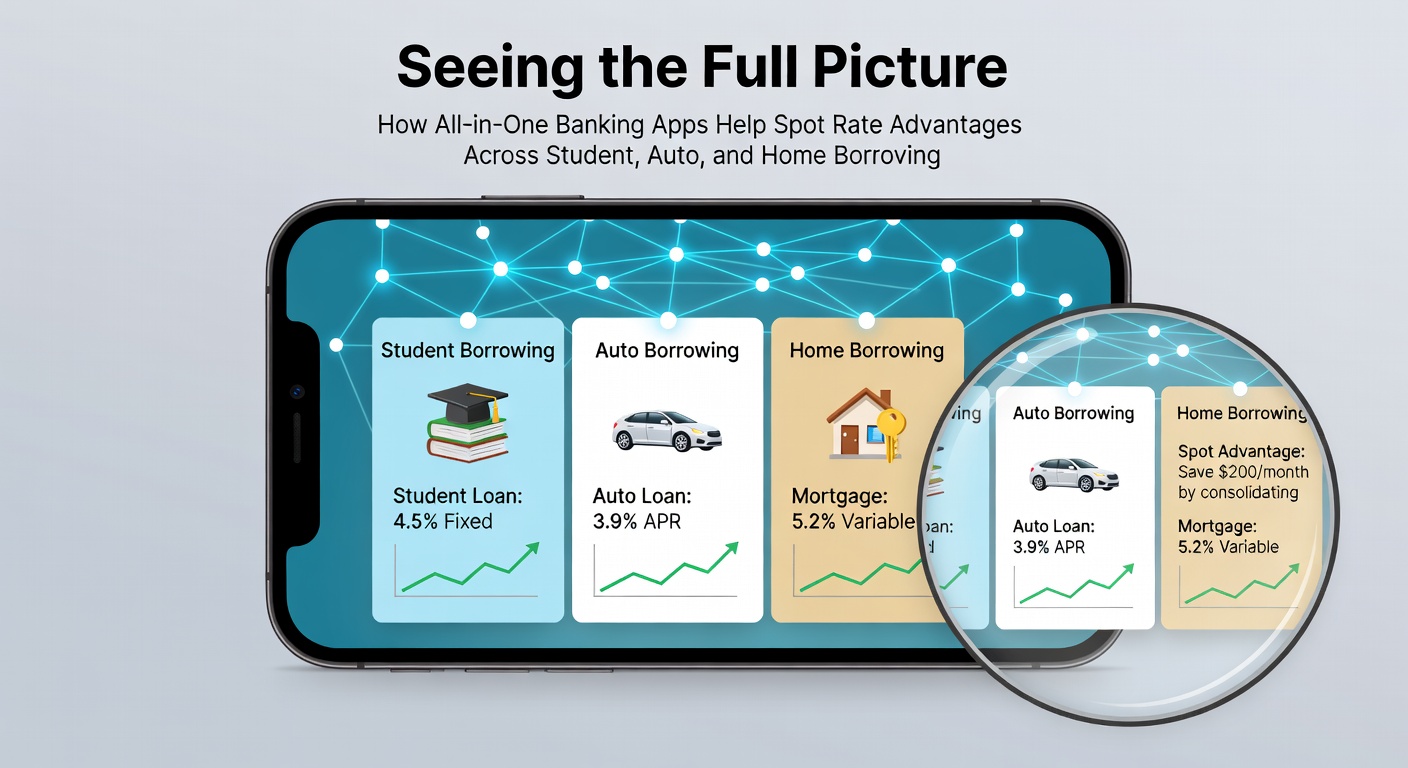 Dashboard view in an all-in-one banking app displaying integrated loan rates for student, auto, and home borrowing options