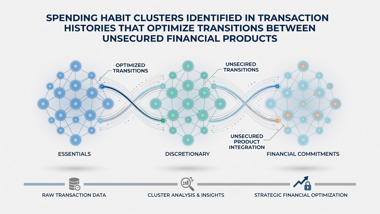 Diagram illustrating data flows between transaction clusters and financing product transitions in banking systems