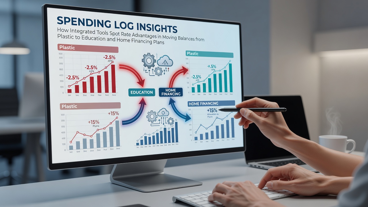 Integrated financial dashboard displaying spending logs alongside credit card, student loan, and mortgage rate comparisons