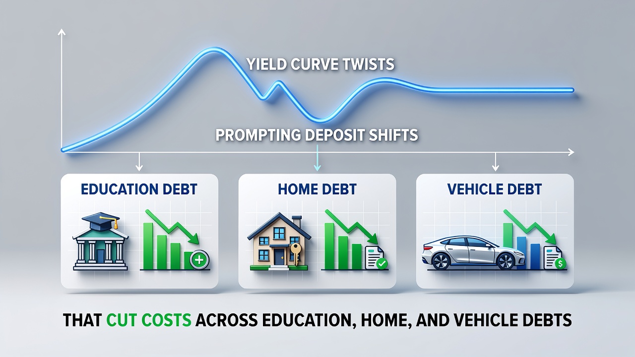 Mobile banking app interface displaying deposit shifts and debt payoff options for student, home, and auto loans